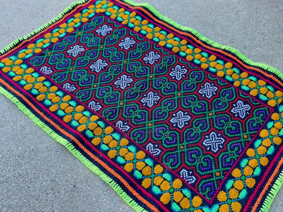 Shipibo Manta Cloth from Pucallpa, 25" x 17", Embroidered Shamanic Altar Cloth for Plant Medicine Ceremony by Isabel Franchini, Made in Peru