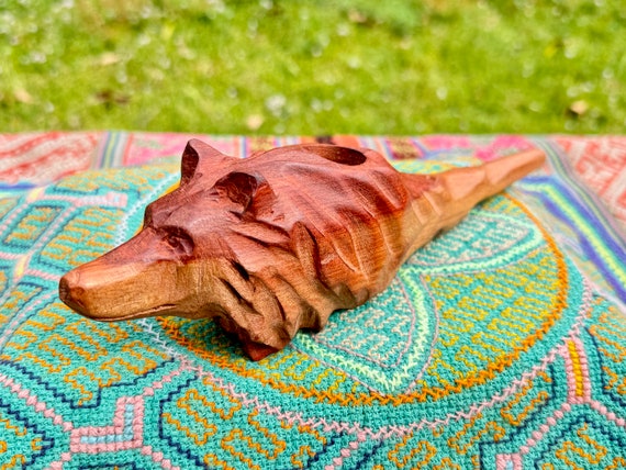 Wolf Totem Pipe by Betson Macawashi, Hand Carved Palo Sangre Wood Tobacco Pipe for Shamanic Ceremony, Made in Pucallpa, Peru