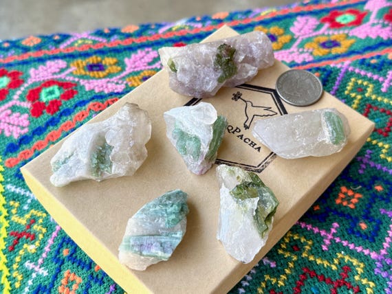 Unicorn Stone Quartz with Green Tourmaline Lot, 6 Pieces, New Find, Heart Chakra, Coronel Murta, Minas Gerais, Brazil A324