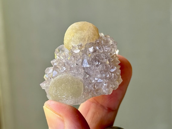 Yellow Fluorite Ball on Amethyst, Natural Double Formation, 33g, Rare Botryoidal Fluorite, Self-Standing, India T122