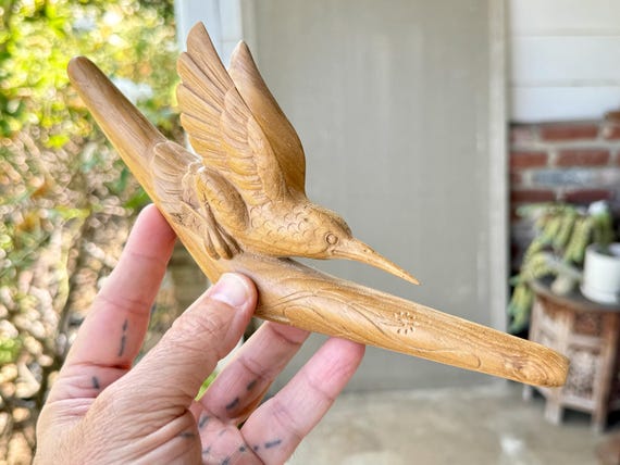 Hummingbird Totem Tepi Pipe, Natural Wood Tepi with Wonderful Detail, Hand Carved from a Single Piece of Teak Wood