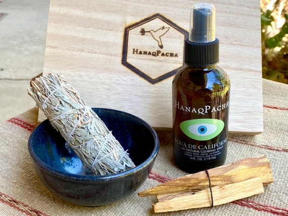 Sage and Palo Santo Gift Box for Energetic Clearing w/ Sage Spray, Sage Bundle, Palo Santo & Smudge Bowl, Ethically Harvested, Free Shipping