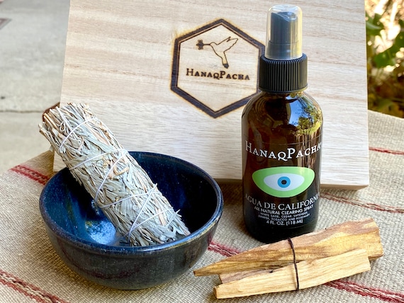 Sage & Palo Santo Gift Box, Includes Sage and Cedar Spray, Smudge Bundle and Marble Bowl, Ethically Harvested, Energetic Clearing Set