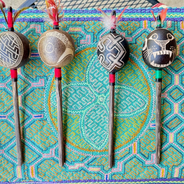 Shaman Rattle, Traditional Shipibo Rattle for Shamanic Plant Medicine Ceremony, Small Size, Amazonian Gourd Rattle, Made In Peru