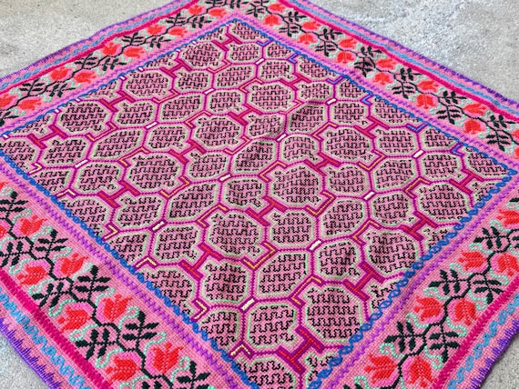 Shipibo Manta Cloth with Roses, 25" x 26," Embroidered Shamanic Mesa Cloth for Ceremony, Made in Pucallpa, Peru by Artist Laura Rengifo