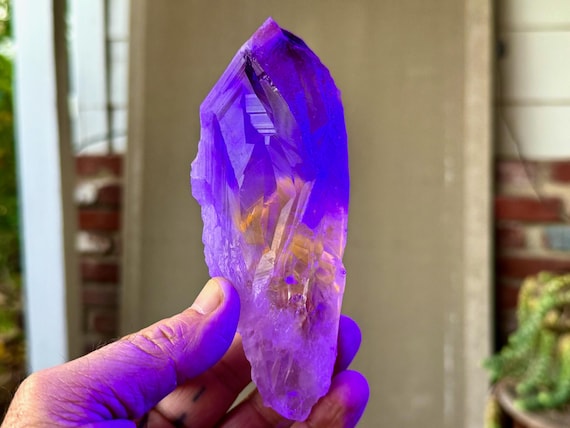 Powellite Phantom Root Quartz with Amethyst, Natural & UV Reactive, 386g, New Find, Raw and Unpolished, Bahia, Brazil V347