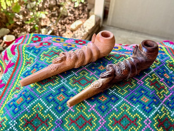 Shaman Snake Pipe, Traditional Wooden Tobacco Pipe for Shamanic Ceremony, Hand Carved from Natural Sawo and Tamarind Wood