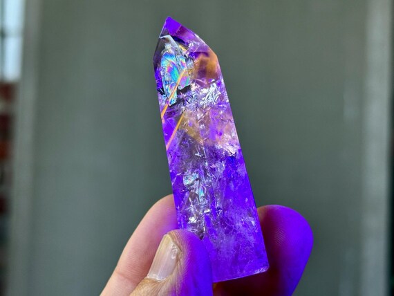 Powellite Phantom Quartz with Ametrine & Rainbows, UV Reactive and Self-Standing, 45g, New Find, Channeling Formation, Bahia, Brazil T316