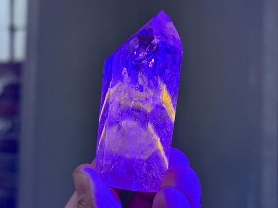 Powellite Phantom Quartz with Ametrine, UV Reactive & Self-Standing, 130g, New Find, Dow Formation, Bahia, Brazil T222