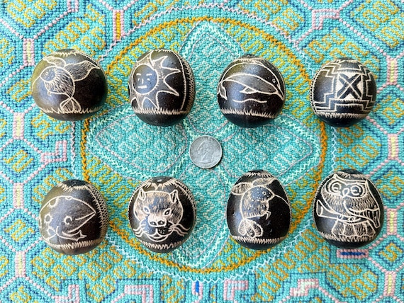 Shaman Rattle, Traditional Shipibo Gourd Shaker, Choice of Hummingbird, Owl, Dolphin, Jaguar, Frog, and Sun, Egg Shaker Instrument