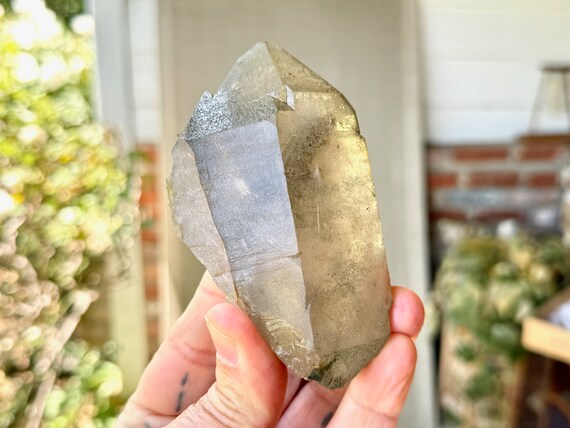 Smoky Himalayan Cathedral Quartz with Green Chlorite, 300g, High Altitude Crystal for Heart Healing & Purification, India W214