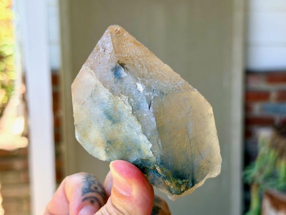 Citrine with Blue Tourmaline, 329g, Old Find, Channeling & Mediumship, Jenipapo, Minas Gerais, Brazil V656