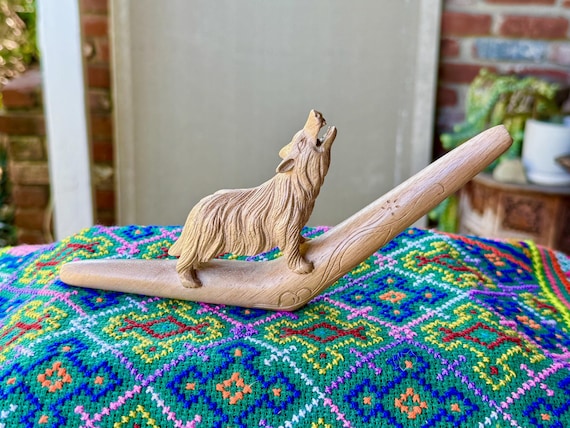 Wolf Tepi Pipe, Traditional Wooden Shamanic Applicator, Hand Carved from Solid Teak Wood