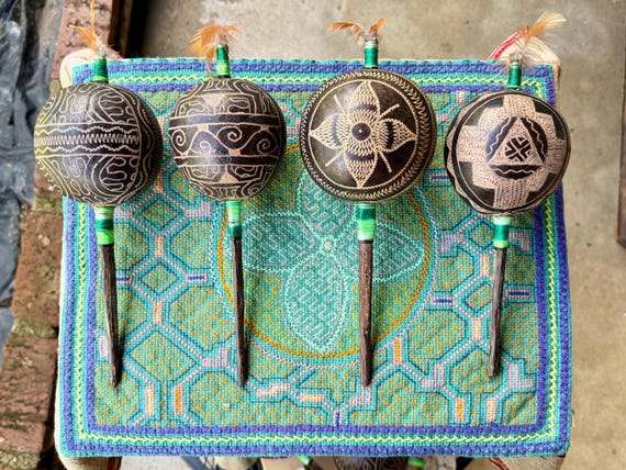 Shaman Rattle from Peru, Traditional Shipibo Gourd Rattle for Ceremony, Kene, Flower or Pyramid Design, Handmade in Pucallpa