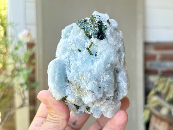 Blue Albite Feldspar with Green Tourmaline Inclusions, 709g, Old Find, São José do Safira, Minas Gerais, Brazil W311