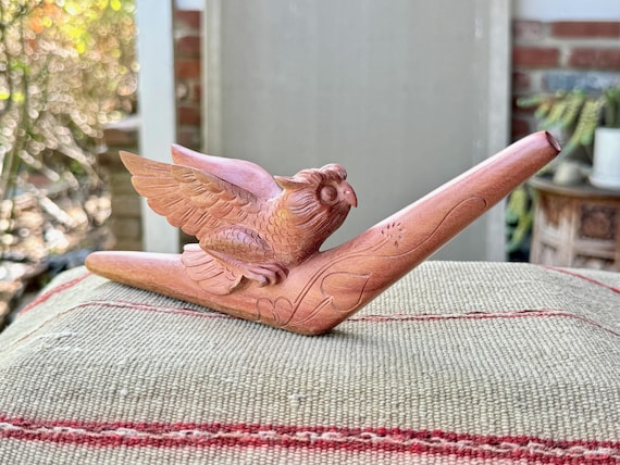 Owl Totem Tepi Pipe, Natural Wood Tepi with Wonderful Detail, Hand Carved from a Single Piece of Sawo Wood