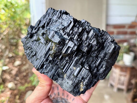 Black Tourmaline, Natural Etched Termination & Self-Standing, 3.7 Kilo, Grounding and Protection, Custom Stand Included, Minas Gerais V040