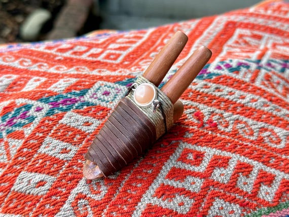 Double Kuripe with Pink Sunstone, Traditional Dual Shamanic Applicator Pipe, Handcrafted from Tropical Hardwood