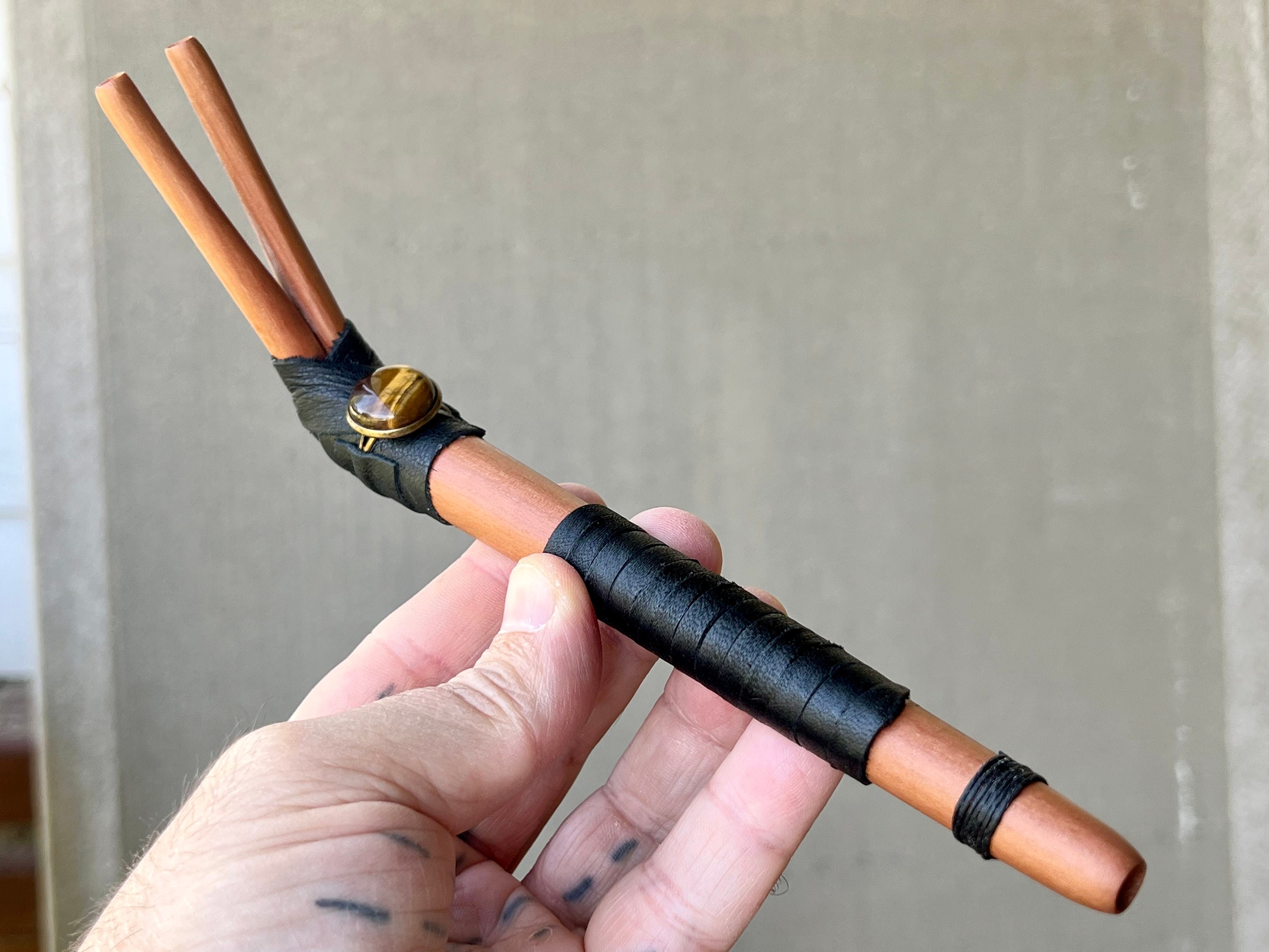 Double Tepi (kuripe) pipe with Tiger's Eye, Solid Wood Tepi, shamanic