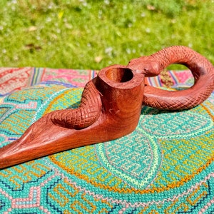 Snake Totem Pipe by Betson Macawashi, Hand Carved Palo Sangre Wood Tobacco Pipe for Shamanic Ceremony, Made in Pucallpa, Peru