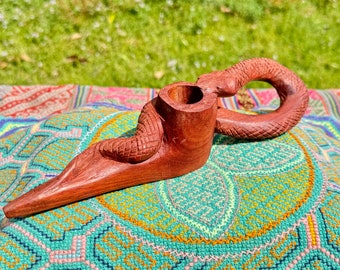 Snake Totem Pipe by Betson Macawashi, Hand Carved Palo Sangre Wood Tobacco Pipe for Shamanic Ceremony, Made in Pucallpa, Peru