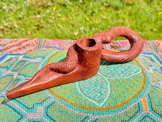 Snake Totem Pipe by Betson Macawashi, Hand Carved Palo Sangre Wood Tobacco Pipe for Shamanic Ceremony, Made in Pucallpa, Peru