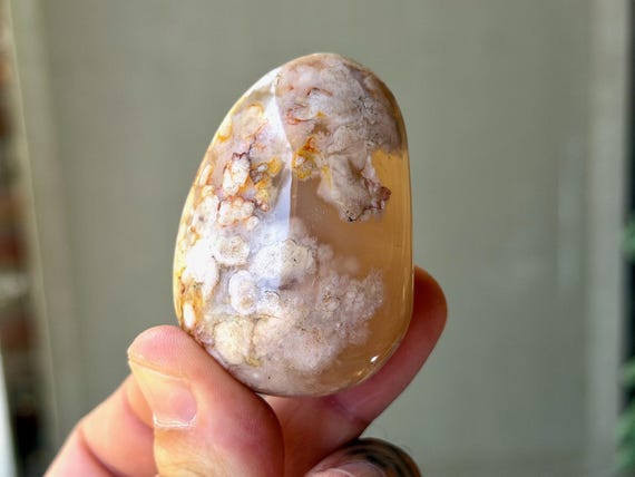 Carnelian Flower Agate, Chalcedony Inclusions, 74g, Polished Palm Stone, Divine Feminine, Heart Healing, Madagascar B095