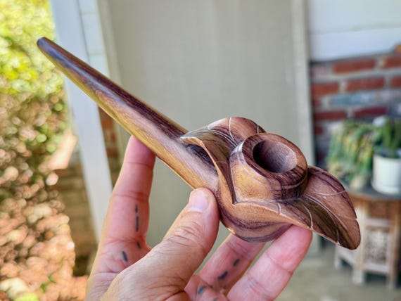 Shaman Pipe with Leaves, Traditional Solid Wood Tobacco Pipe for Shamanic Ceremony, Hand Carved from Natural Tropical Hardwood