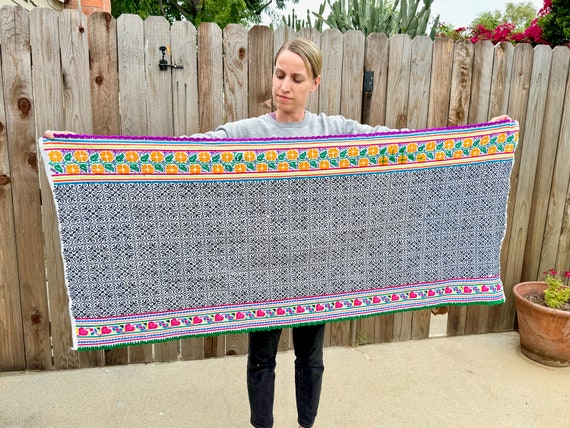 Shipibo Tapestry, 61" x 26," Embroidered Shamanic Altar Cloth, Wrap Skirt or Shawl for Plant Ceremony, by Peruvian Artisan Alicia Inuma