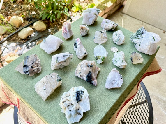 Unicorn Stone Quartz Wholesale Lot with Green Tourmaline and Blue Tourmaline, 2.8 Kilogram, 18 Pieces, Minas Gerais, Brazil WS148