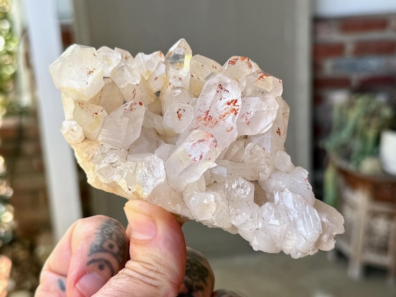 Golden Healer Himalayan Quartz Cluster, Self-Standing, 350g, Red Hematite Inclusion, High Altitude Crystal, India V353