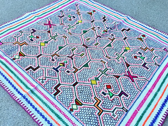 Shipibo Manta Cloth, Embroidered Shamanic Mesa Cloth for Ceremony, 25" x 28," Made in Pucallpa, Peru, Artist Laura Rengifo