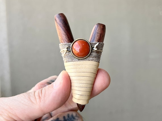 Kuripe, Natural Dark Wood Kuripe with Carnelian, Handcrafted Shamanic Self-Applicator Pipe