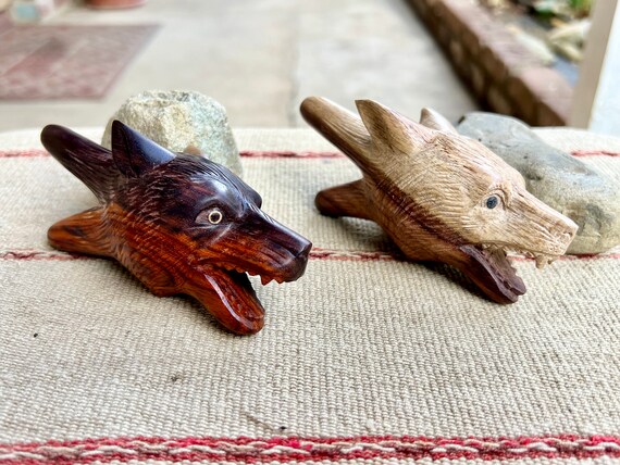 Wolf Kuripe, Your Choice of Dark Sono or Two-Tone Wood, Handcarved Wolf Totem Kuripe, Shamanic Applicator Pipe
