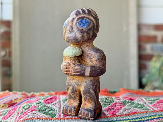 Extraterrestrial Alien Statue with Mushroom, Hand Carved from Sacred Mountain Stone, Peru