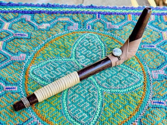 Tepi Pipe with Dendritic Opal, Natural Dark Wood Tepi Pipe, Handcrafted from a Single Piece of Tamarind Wood, Shamanic Applicator