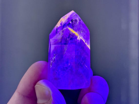 Powellite Phantom Quartz with Ametrine, UV Reactive & Self-Standing, 53g, New Find, Channeling Formation, Bahia, Brazil T219