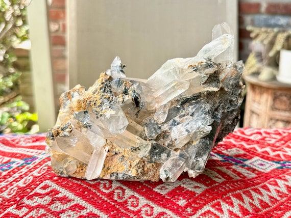 Samadhi Quartz Cluster with Black Tourmaline, Self-Standing, 1.9 Kilo, Himalayan High Altitude Quartz, India W179