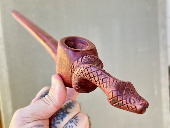 Mapacho Pipe, Hand Carved Serpent Pipe, Solid Wood Ceremonial Tobacco Pipe for Shamanic Ceremony, Made in Peru