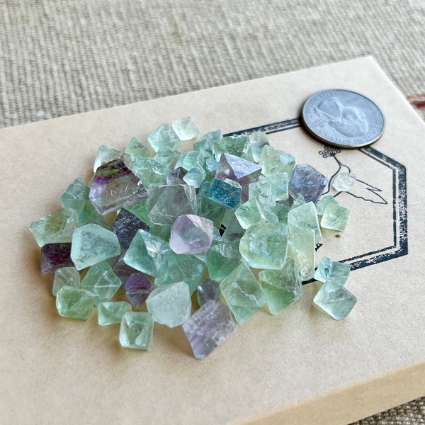 Green and Purple Fluorite Octahedron Crystal Lot, 60 Pieces, Heart Chakra, Emotional Healing, Crystal Lot, Crystal Grid J966