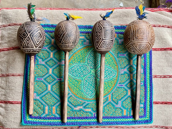 Shaman Gourd Rattle from the Peruvian Amazon, Traditional Shipibo Rattle for Shamanic Ceremony, Made In Iquitos, Peru