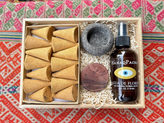 Palo Santo Gift Box, Includes Palo Santo Incense Cones, Stone Burner and Choice of Florida Water, Sage & Cedar, or Palo Santo Spray