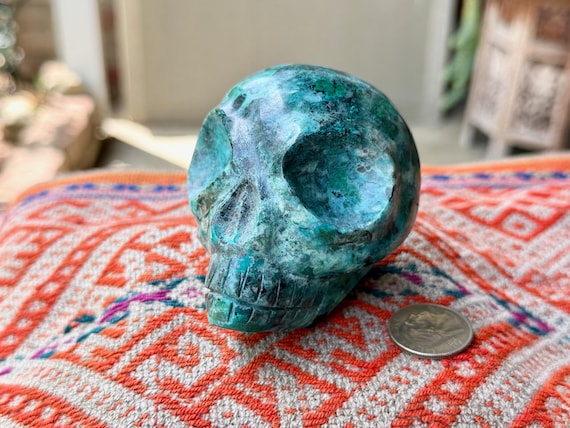 Extraterrestrial Alien Skull, Hand Carved from Native Chrysocolla, Made in Peru