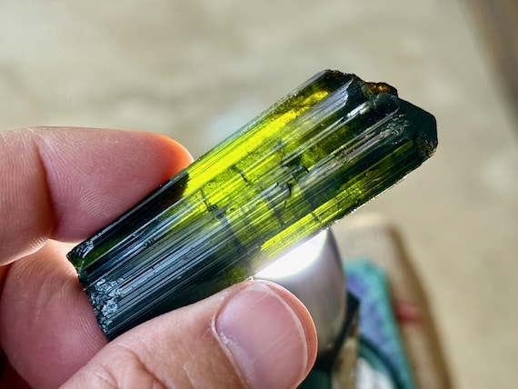 Green Tourmaline with Brown Tip, Pederneira Mine, 32.5g, Natural Termination, São Jose da Safira, Minas Gerais, Brazil T252