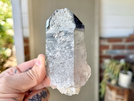 Black Phantom Lemurian Quartz, White Frosted Main Facet, 313g, Detoxification & Root Chakra Crystal, Bahia, Brazil X816