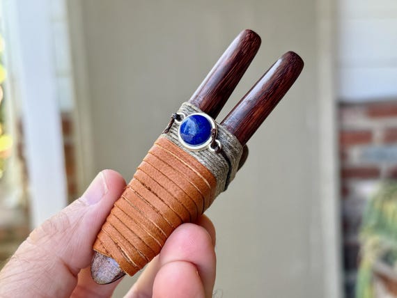 Double Kuripe with Lapis Lazuli, Natural Tamarind Wood Kuripe, Traditional Shamanic Applicator Pipe