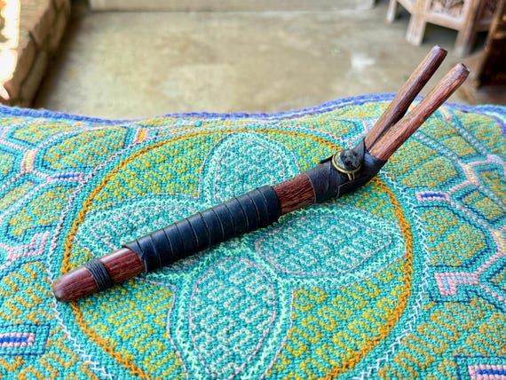Double Tepi Pipe with Black Moonstone, Traditional Shamanic Applicator, Handcrafted from Natural Dark Tamarind Wood