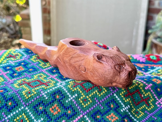 Jaguar Tobacco Pipe, Hand Carved Wood Mapacho Pipe for Shamanic Ceremony, Handmade in Pucallpa, Peru