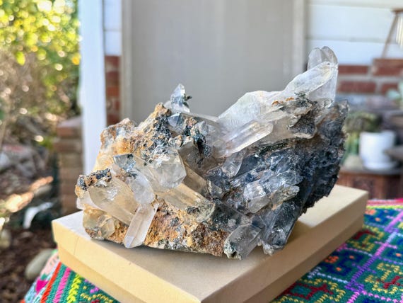 Samadhi Quartz Cluster with Black Tourmaline, Self-Standing, 1.9 Kilo, Himalayan High Altitude Quartz, India W179