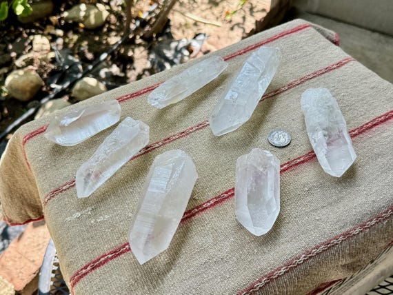Lemurian Quartz Lot with Dow Crystal, 7 Pieces (1.4 Kilo) of Hand Selected Lemurian Crystal Points from Minas Gerais, Brazil WS194